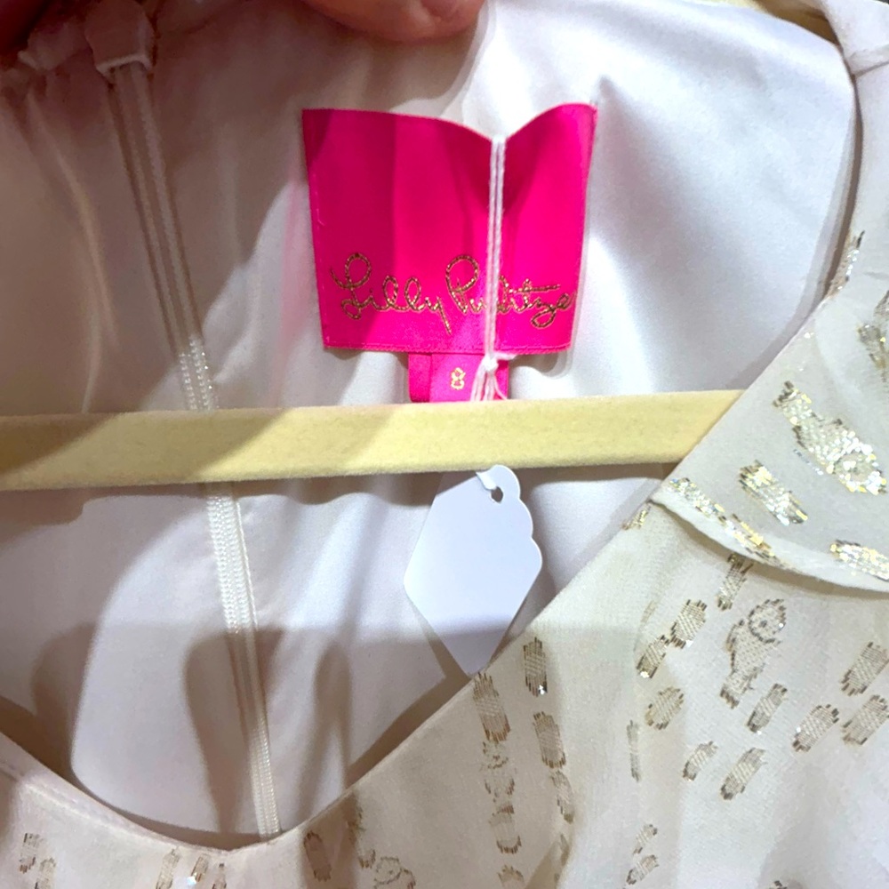 White & gold Lilly  Pulitzer Dress With Ruffled Sleeves - Picture 2 of 3